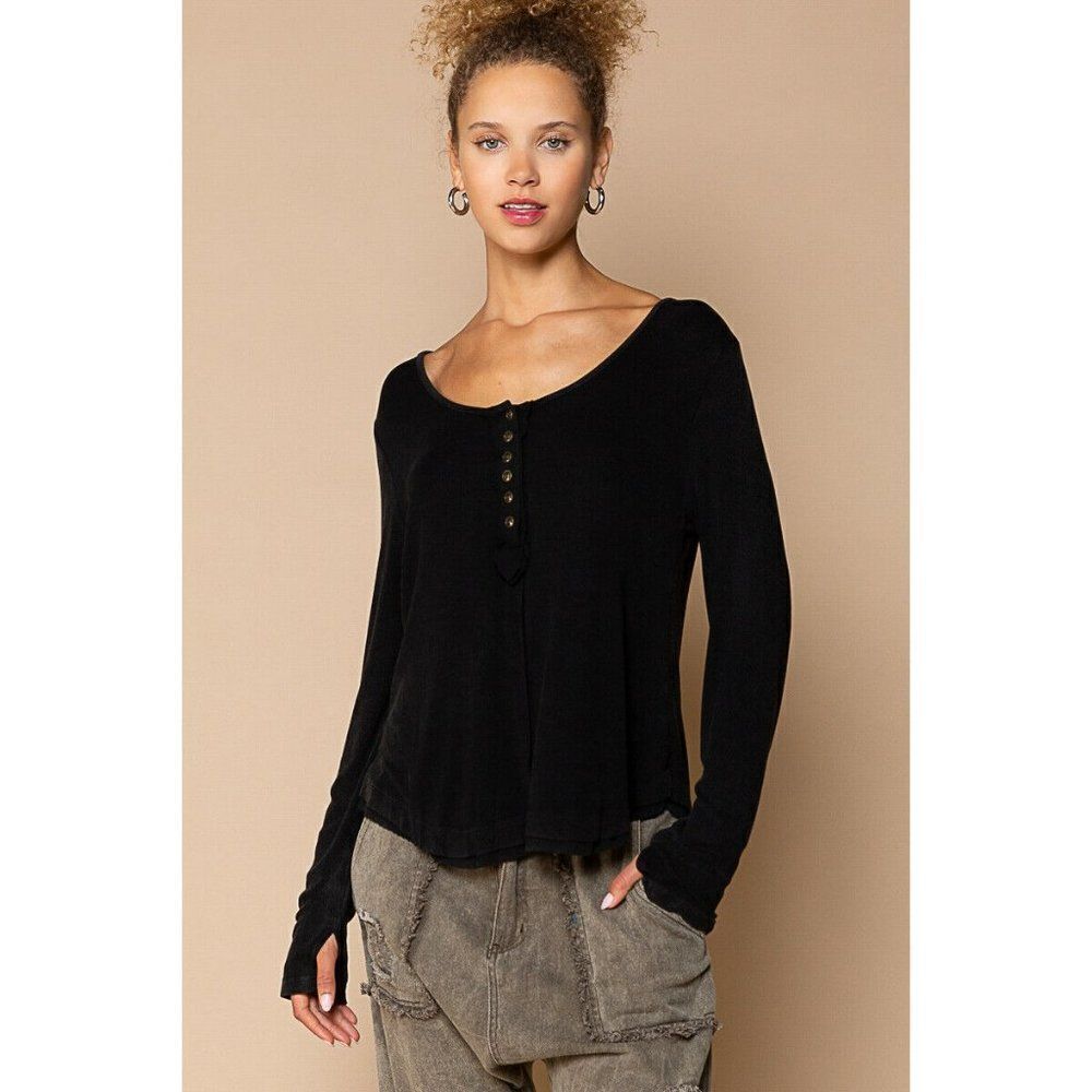 POL Clothing Double Layered Hem Henley Top Jet Black Fall Winter Women SMT2014